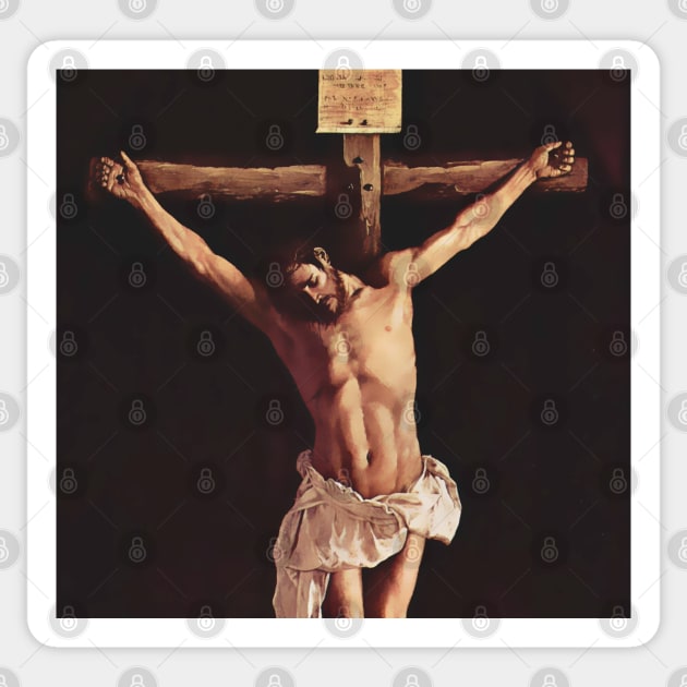 Jesus Christ crucified nailed to the cross and suffering Sticker by Marccelus